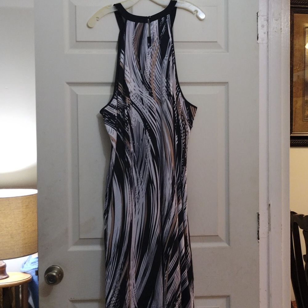 Avenue sleeveless A-trapeeze black/white beige print poly-blend dress size 30/32 - Picture 8 of 8